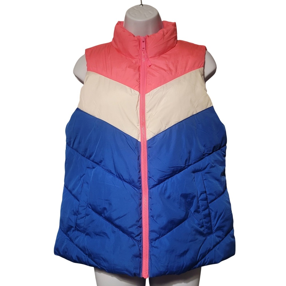 Gap Womens Colorblock Chevron Puffer Vest Pink Blue Cream Size M Full Zip